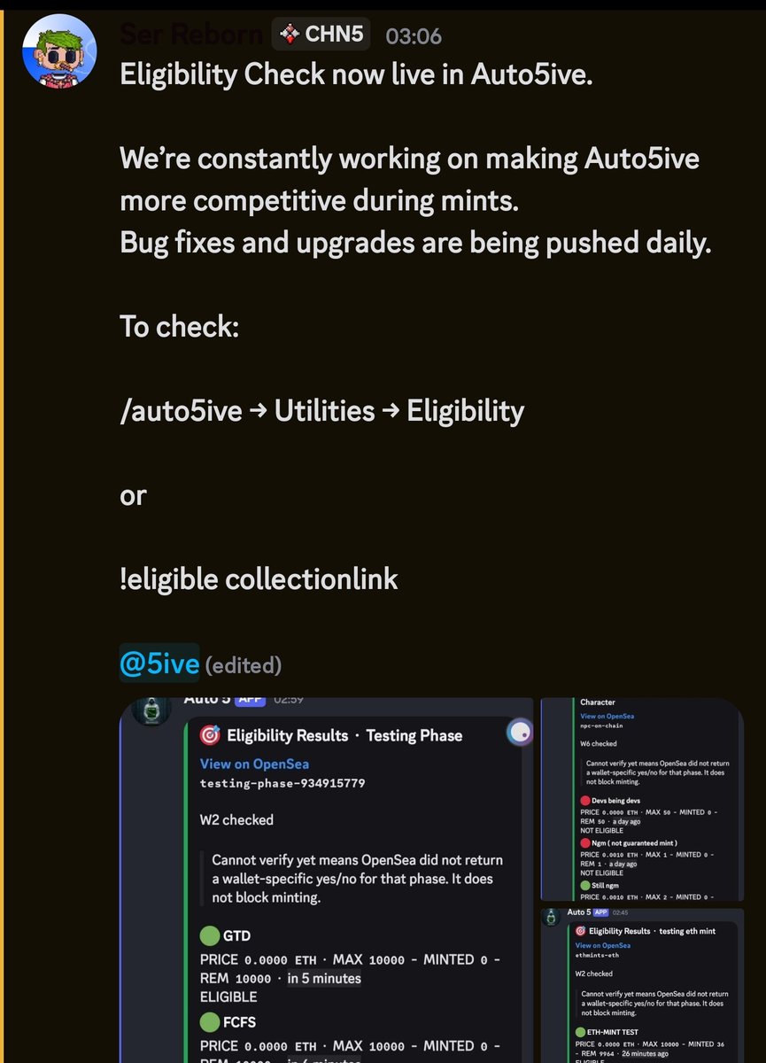 Channel5_0's tweet photo. ◢◤ CH5 ◥◣

Eligibility Check now live in Auto5ive.

No more guessing if your wallet qualifies before mint.

Supports OpenSea and Scatter mints. https://t.co/aq8uJ9jWrT