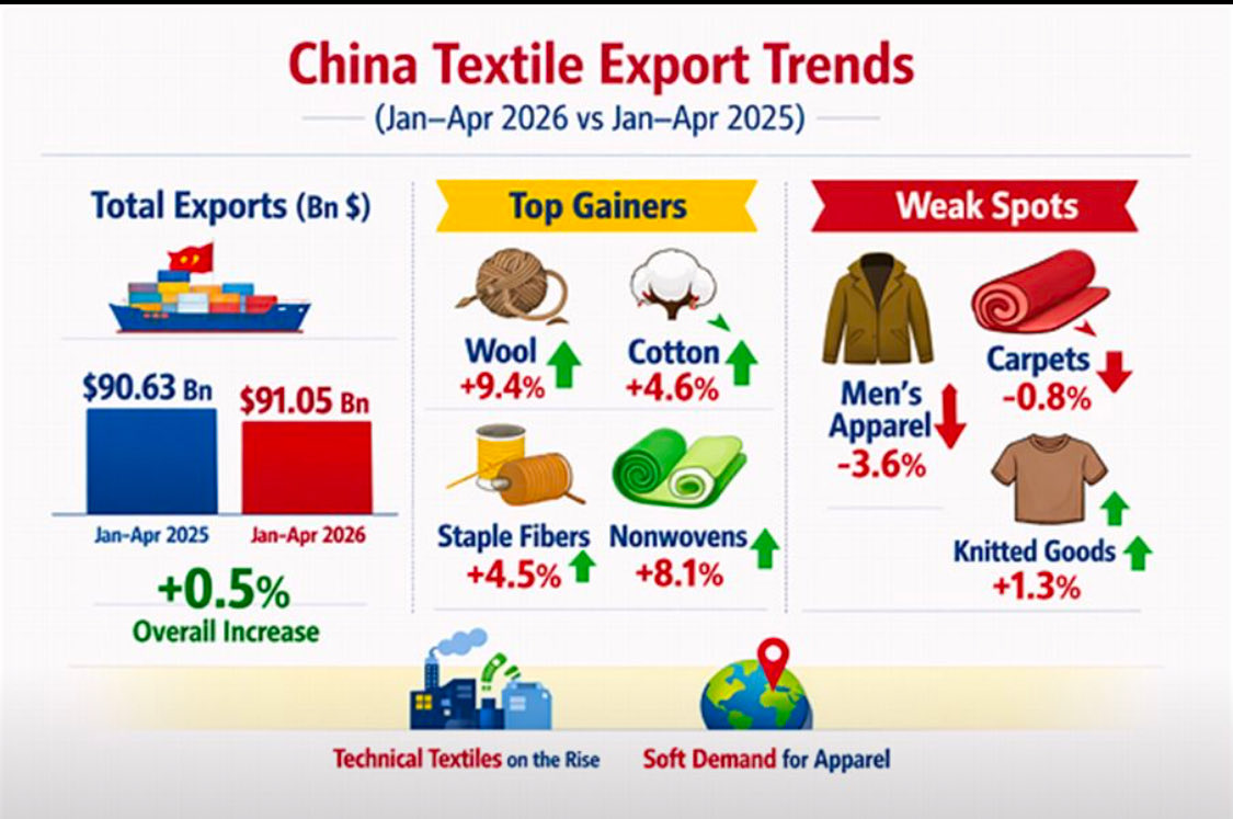 nabarunkar's tweet photo. China’s Textile &amp; Apparel Exports Hold Steady Amid Shifts in Product Mix. In April 2026, total exports slipped by 0.4% year‑on‑year to $23.94 Bn, down from $24.04 Bn in April 2025. https://t.co/VQZS5PDqEx