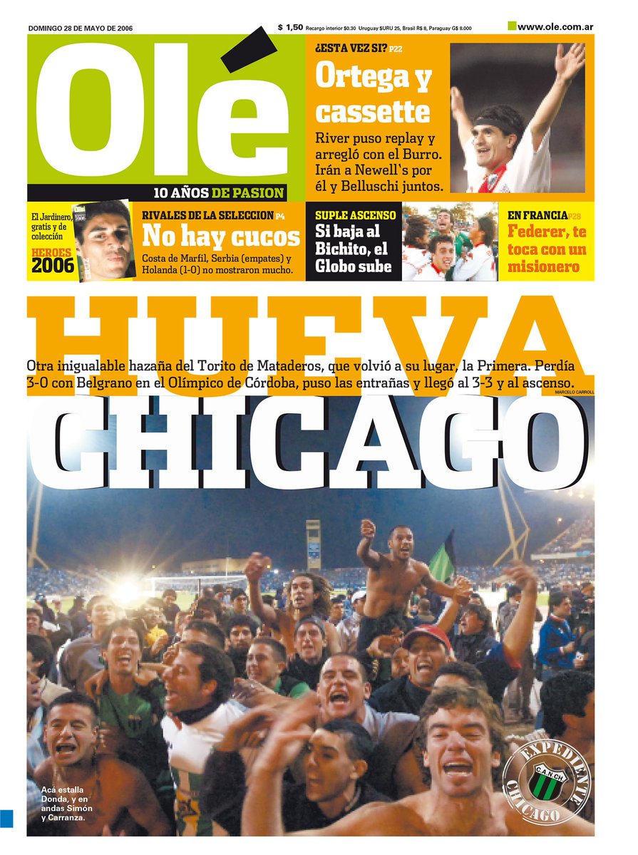 expedientecanch's tweet photo. ⭐️ ¡20 años del ascenso de 2006 a Primera!

🗓️ El 27 de mayo de 2006, #NuevaChicago lograba el regreso a la máxima categoría frente a Belgrano, en Córdoba, en tiempo suplementario. 

⚽️ Goles de Wernly, Simón y Pellerano para el histórico 3-3 del equipo dirigido por Motta. https://t.co/oZeTz60HpR