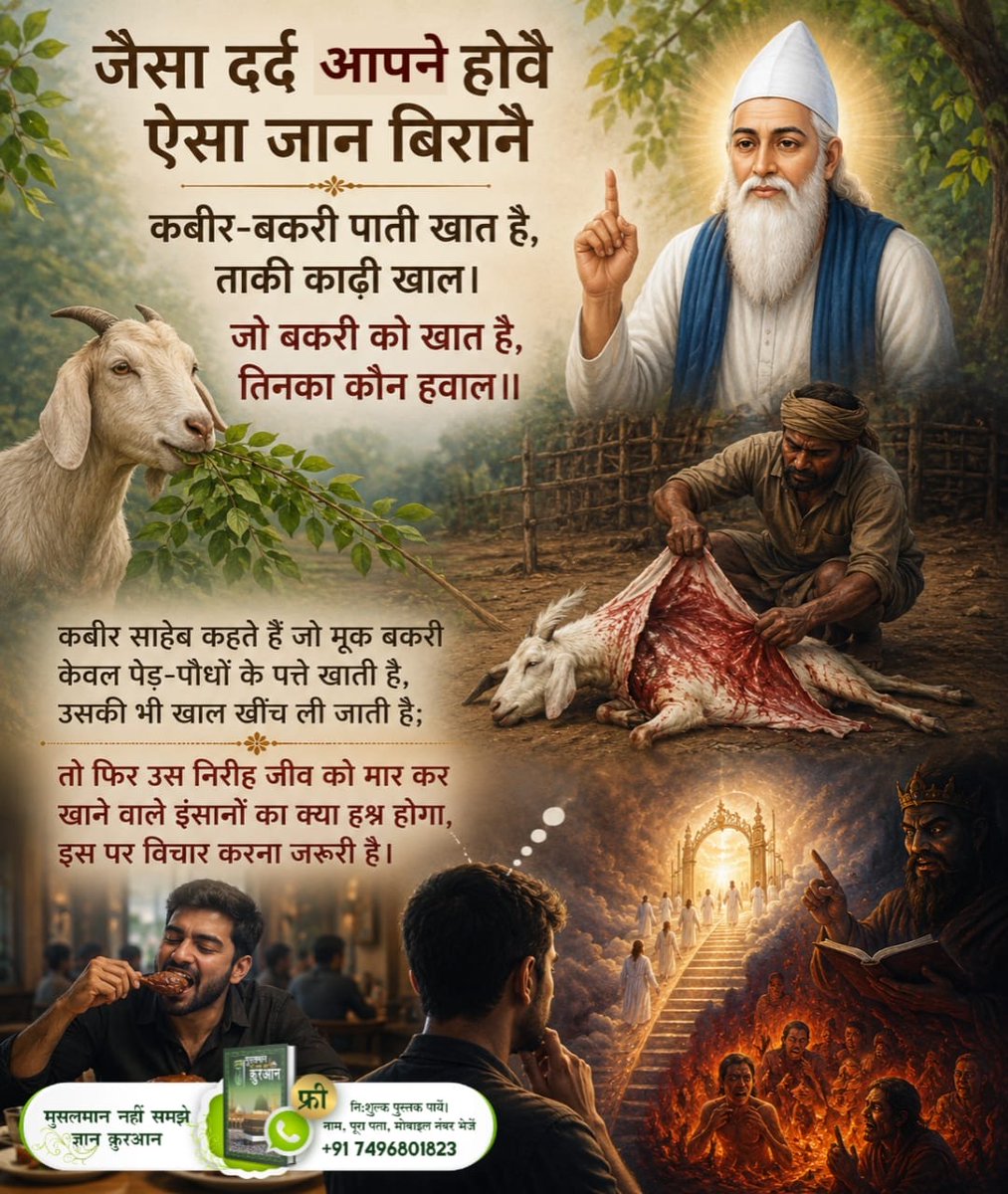 LKOSANJUG's tweet photo. #जैसादर्दअपनेहो_ऐसाजान_बिरानै
कबीर साहेब कहते हैं जो मूक बकरी केवल पेड़-पौधों के पत्ते खाती है, उसकी भी खाल खींच ली जाती है;
तो फिर उस निरीह जीव को मार कर खाने वाले इंसानों का क्या हश्न होगा, इस पर विचार करना जरूरी है।
Baakhabar Sant Rampal Ji https://t.co/YGKHCkcDAk