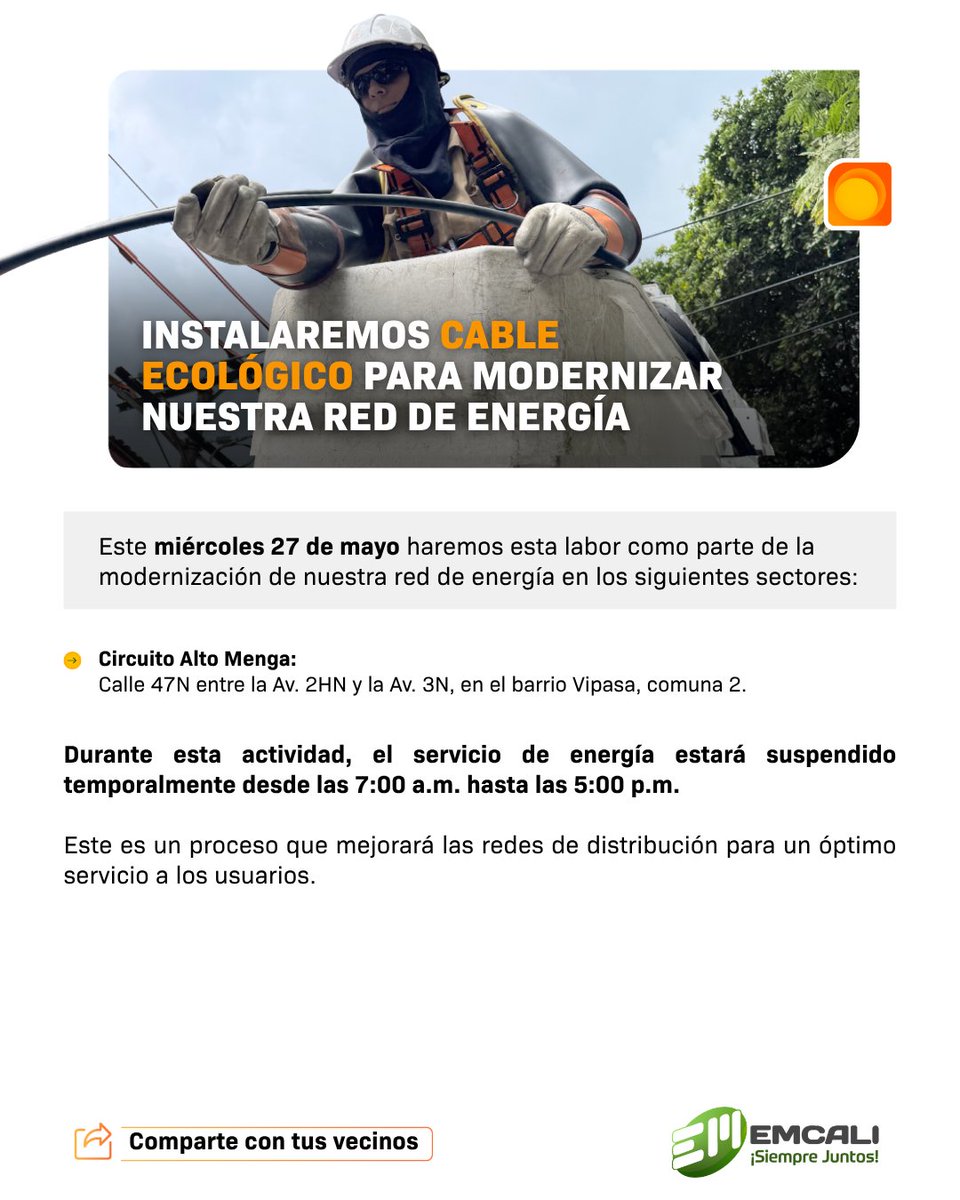 EMCALIoficial's tweet photo. #EMCALIInforma | Mañana, miércoles 27 de mayo de 2026, realizaremos trabajos de modernización en nuestra red de energía y sistema de acueducto en los siguientes sectores. 👷‍♂️

Por este motivo, será necesario suspender el servicio de manera temporal.

Agradecemos a la comunidad su paciencia y comprensión.  💚