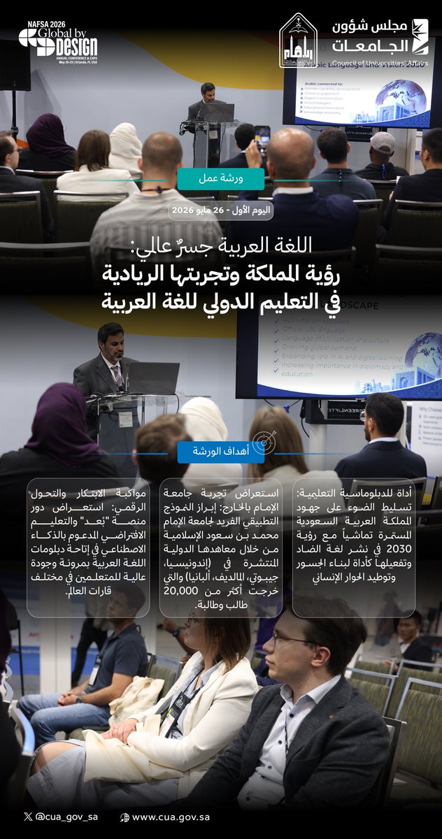 cua_gov_sa's tweet photo. استعرضت ورش العمل التي نظمتها الجامعات السعودية في مؤتمر ومعرض "نافسا" 2026، دور رؤية المملكة في نشر اللغة العربية عالميًا، ومواكبة التحول الرقمي بالذكاء الاصطناعي، إلى جانب تعزيز الاندماج الثقافي للطلاب الدوليين وتطوير تجربتهم التعليمية.

#مجلس_شؤون_الجامعات
#NAFSA2026 https://t.co/a2GKEth9NK