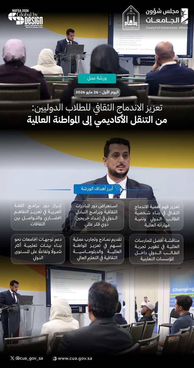 cua_gov_sa's tweet photo. استعرضت ورش العمل التي نظمتها الجامعات السعودية في مؤتمر ومعرض "نافسا" 2026، دور رؤية المملكة في نشر اللغة العربية عالميًا، ومواكبة التحول الرقمي بالذكاء الاصطناعي، إلى جانب تعزيز الاندماج الثقافي للطلاب الدوليين وتطوير تجربتهم التعليمية.

#مجلس_شؤون_الجامعات
#NAFSA2026 https://t.co/a2GKEth9NK