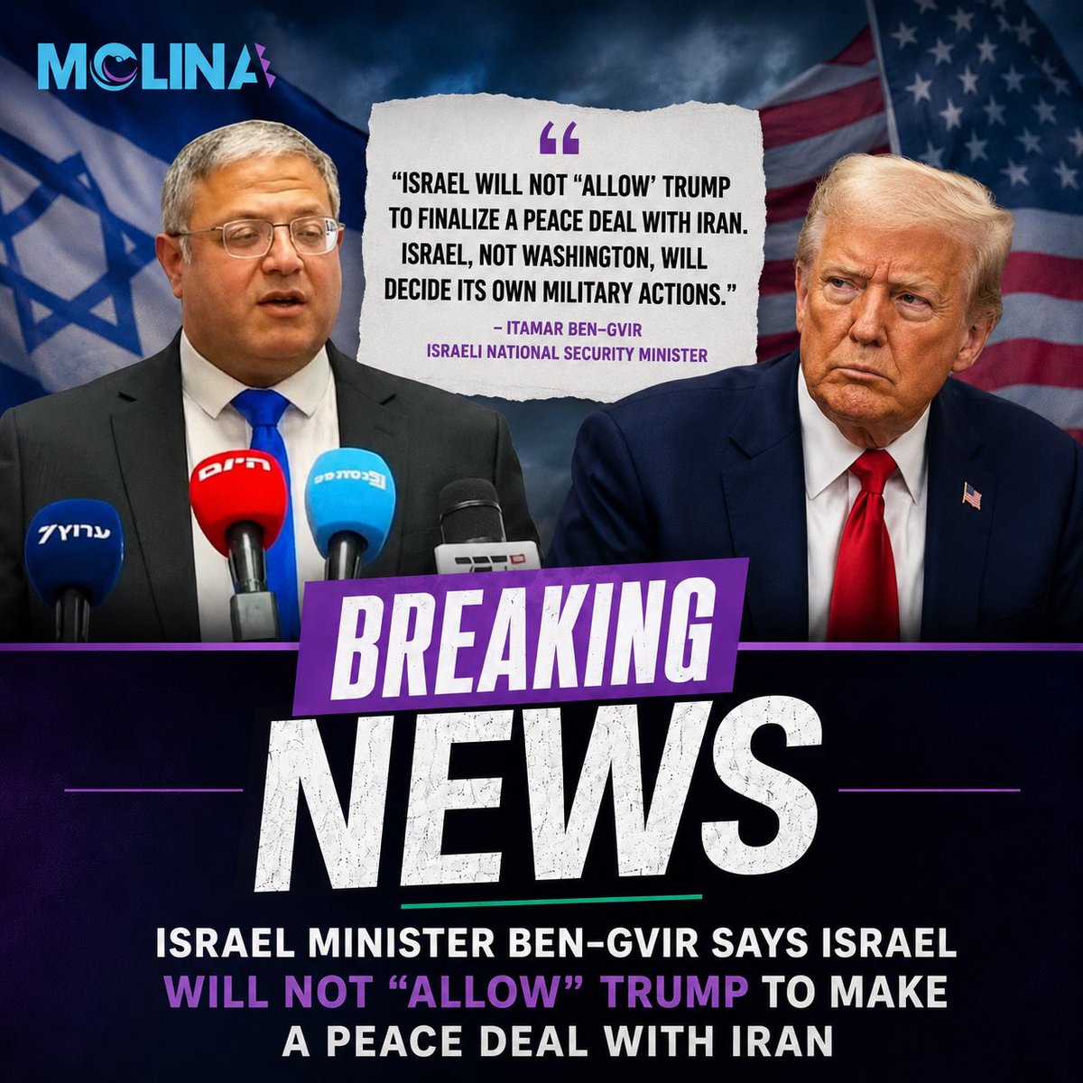 danielmolinaPR's tweet photo. 🚨BREAKING: Israeli Minister Itamar Ben-Gvir says Israel will not ‘allow’ Trump to finalize a peace deal with Iran, insisting Israel, not Washington, will decide its military actions.

This statement is already causing major debate online about U.S. foreign policy, America’s role in the Middle East, and who truly controls the direction of these negotiations.

Some are calling it strength and sovereignty. Others are asking why a foreign nation appears to publicly challenge an American president’s peace efforts.

What do you think? Should America continue funding and backing foreign wars, or should U.S. leaders put America’s interests first?