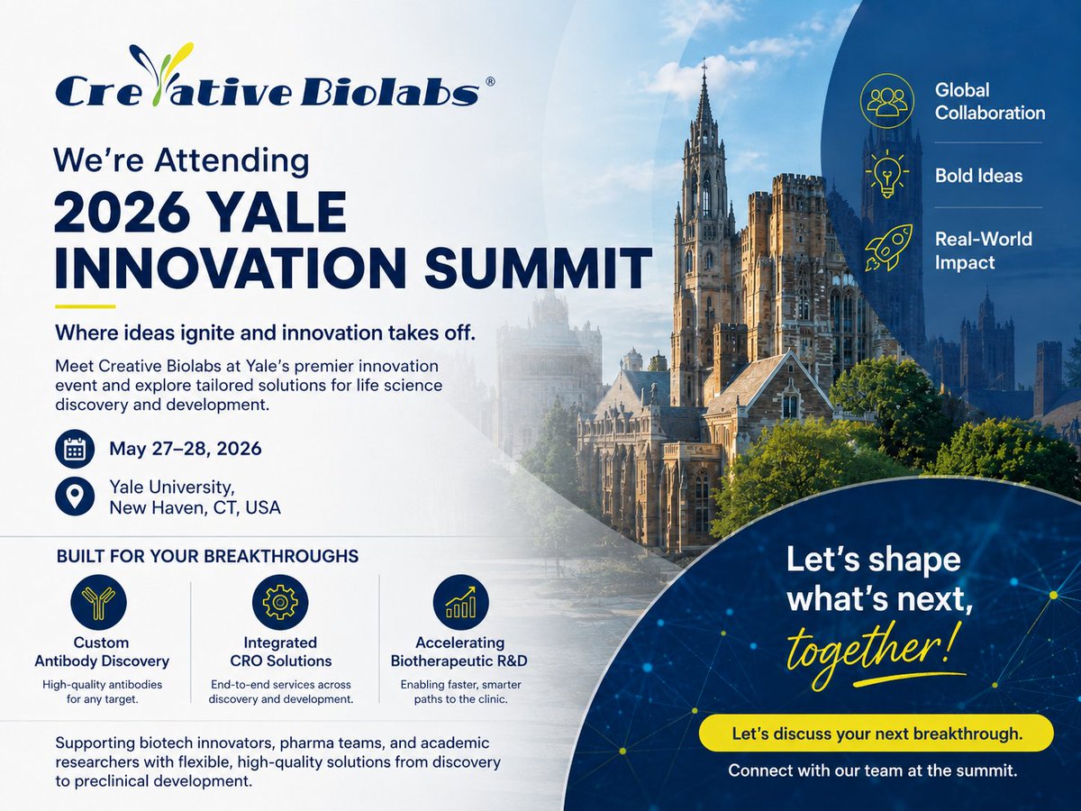 creativebiolabs's tweet photo. Excited to join the #YaleInnovationSummit2026!
Creative Biolabs looks forward to connecting with founders, researchers &amp; biotech innovators in New Haven.
Let’s talk translational research, bioanalysis &amp; advanced therapeutics 👇
https://t.co/bfRb08OovT
#Biotech #DrugDiscovery #CRO https://t.co/BXquiSzHc8