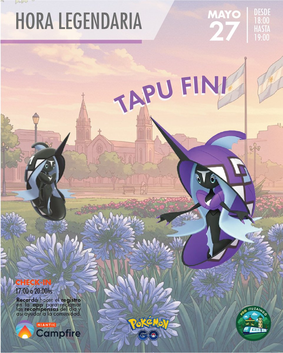PGOItuzaingo's tweet photo. ⚔️Hora Legendaria⚔️ -  🌊TAPU FINI🟣
🗓️Miércoles 27 de Mayo
🕕De 18 a 19 horas🕖
📍Plaza 20 de Febrero
🎁Recompensa por check in✅
- 1 PASE PREMIUM
- 100 CARGAS VÍNCULO

https://t.co/6cFxjfO6F1

#PokemonGO
#PokemonGOArgentina
#Campfire
#TapuFini https://t.co/dJU0vwi34l