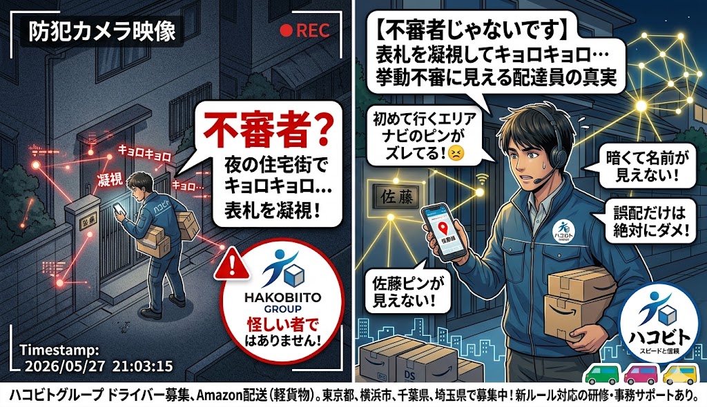 hakobitoGroup's tweet photo. 夜の住宅街でスマホ片手に一軒一軒の表札を凝視し、キョロキョロ歩く配達員🌃
防犯カメラ映像なら完全にアウトな動きですが、あれはピンズレと戦いながら「絶対に誤配しないぞ」と名前を探しているだけの配達員です。怪しい動きで怖がらせてすみません😅通報しないでください😔#軽貨物 https://t.co/tzq2KTJg5L