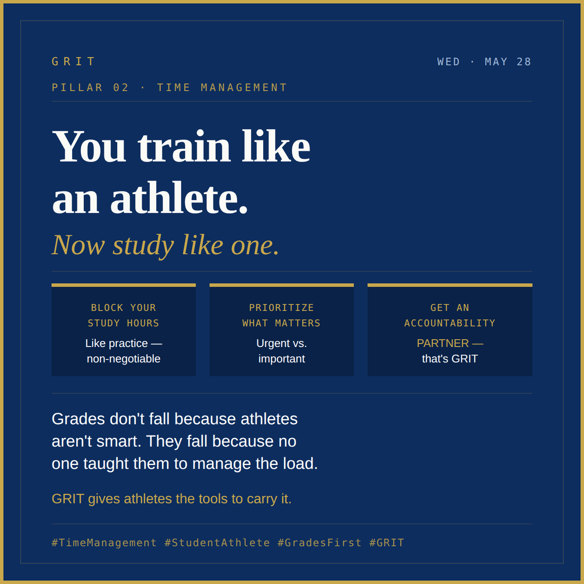 GRITtransition's tweet photo. What do your study habits look like? How much of your day is focused on academics compared to athletics? The best student-athletes train hard on the field AND in the classroom. https://t.co/JM0wveBgOg