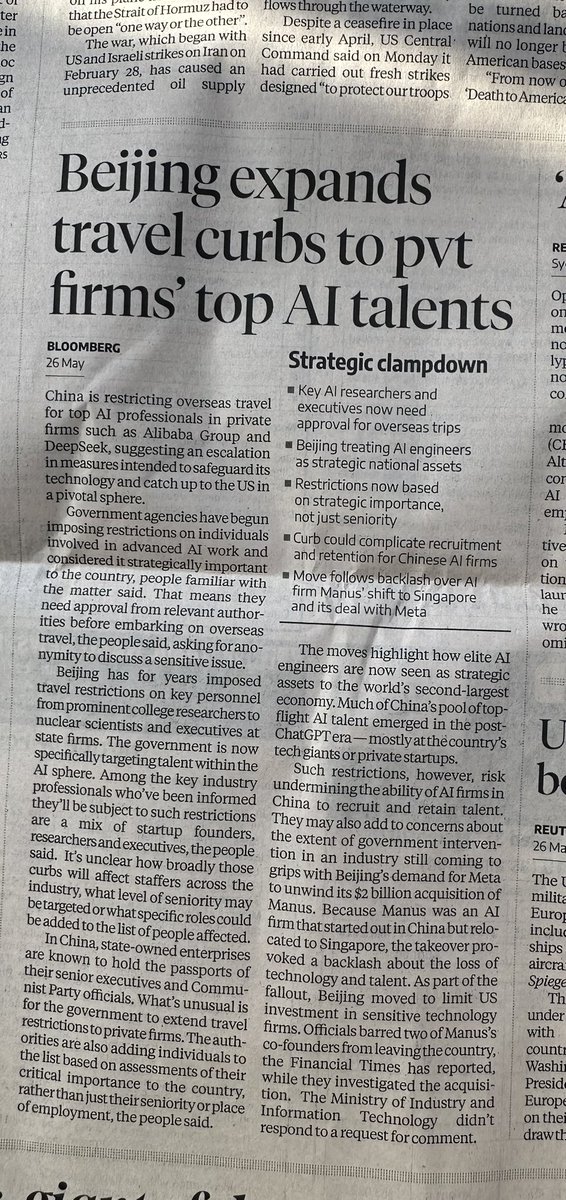 iamrakeshbansal's tweet photo. Beijing is now tightening travel rules for top AI talents in private companies like Alibaba and DeepSeek. Key AI researchers and executives must get government approval before going abroad.
China is treating its best AI minds as strategic national assets.
https://t.co/Zjy4My5RdO https://t.co/s3uyFMhT3u