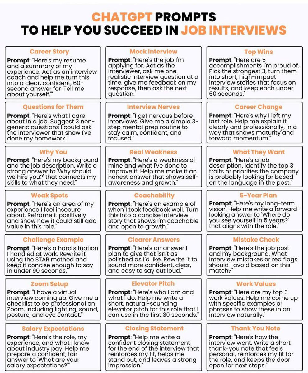 Tech_Ehan's tweet photo. CHATGPT PROMPTS TO HELP YOU SUCCEEDED IN JOB INTERIEWS

Do follow @Tech_Ehan more such amazing stuff ♥️ https://t.co/ocUZZVNL2h