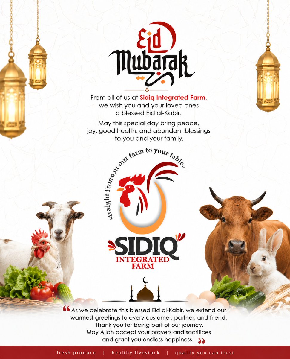 SidiqFarm's tweet photo. Eid Mubarak from all of us at Sidiq Integrated Farm!

May Allah bless your home with peace, barakah, good health, and endless happiness.🤲🏾
Thank you for trusting our farm always. https://t.co/E6dUEX89LG