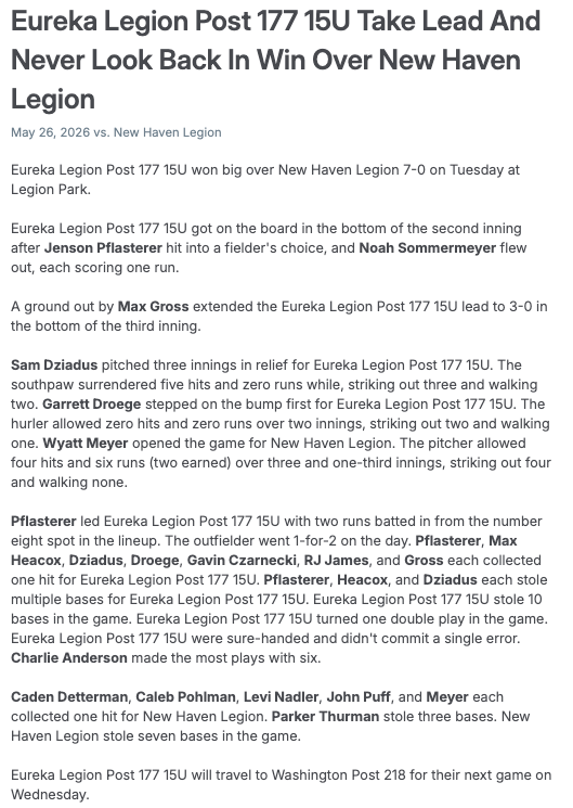 Post177Baseball's tweet photo. Eureka Legion Post 177 15U Take Lead And Never Look Back In Win Over New Haven Legion https://t.co/xMiEq44sCj