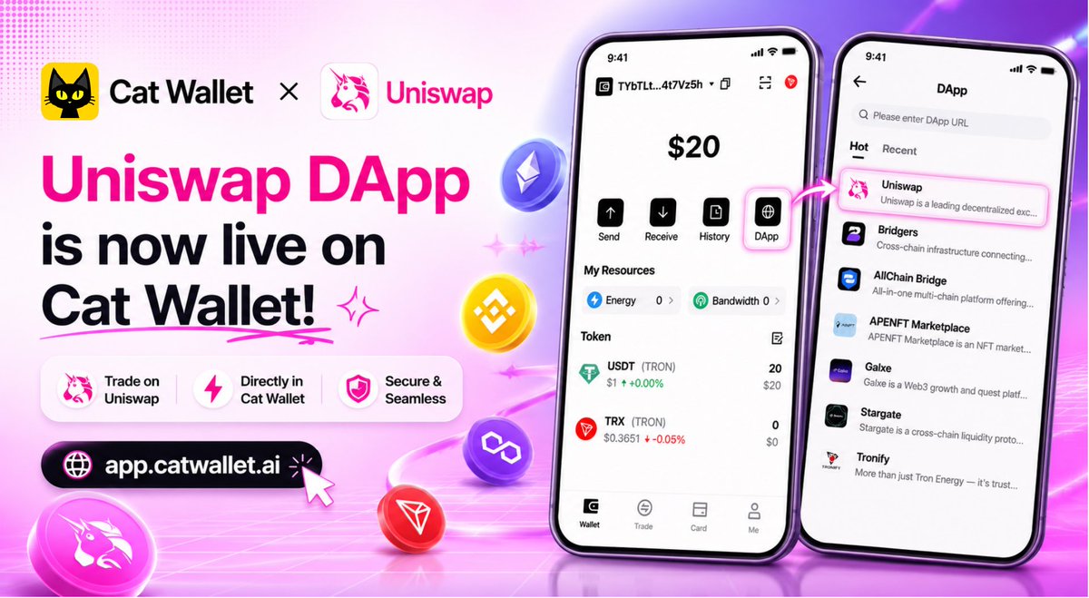 CatWallet_ai's tweet photo. Swap smarter with @Uniswap — now available inside #CatWallet. 🦄⚡️

Trade tokens directly through the CatWallet DApp browser with seamless access to Uniswap.

Multi-chain access. Smooth trading. One wallet.

🌐 https://t.co/ThLMz7ossi

#DeFi #DEX #Ethereum #BSC #Web3 https://t.co/CBmBT9Ssy8
