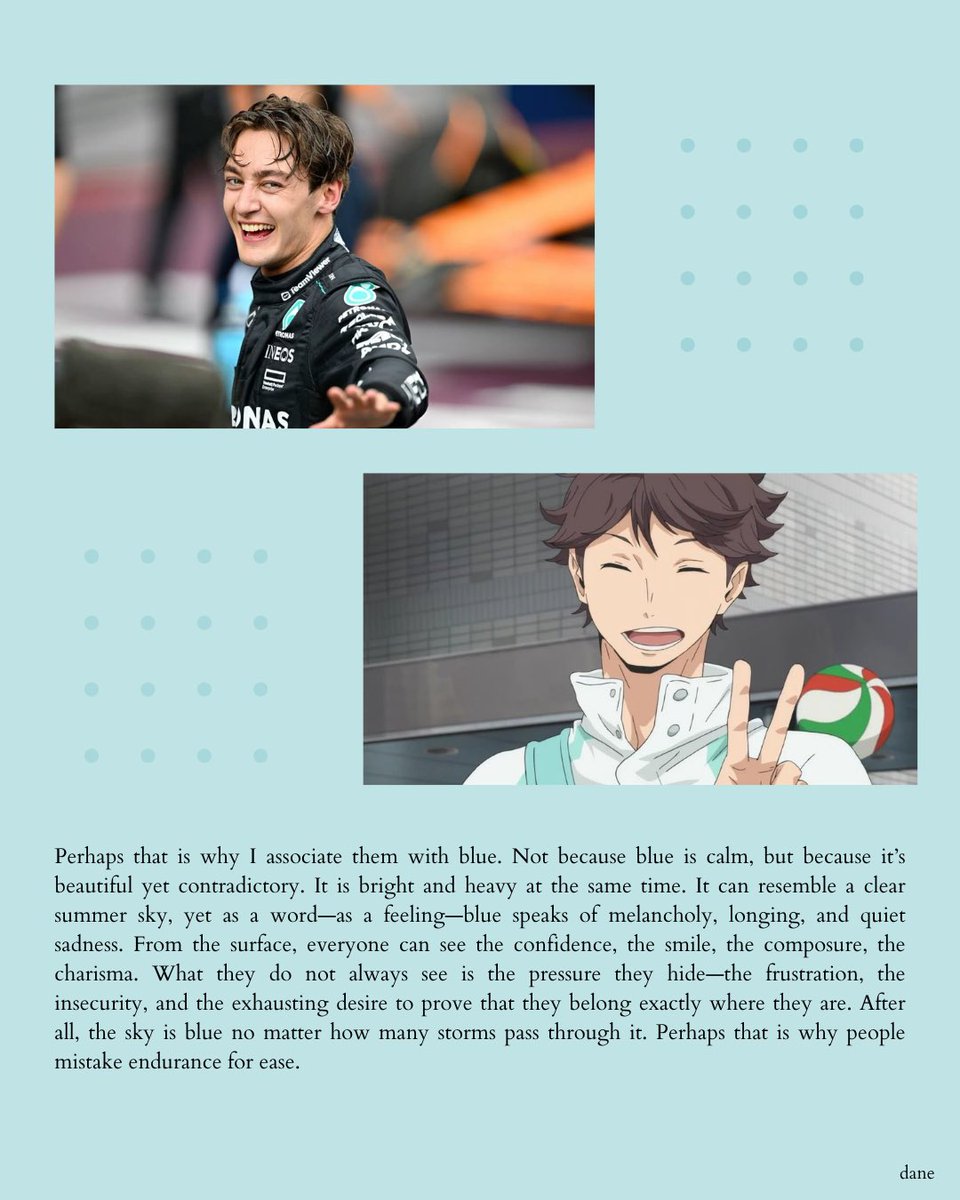 GR1NDRR's tweet photo. George Russell &amp; Oikawa Toru — in Blue.

My essay on how my favorite character also reminds me of my favorite driver. 🩵 https://t.co/E2HSLdP9GQ