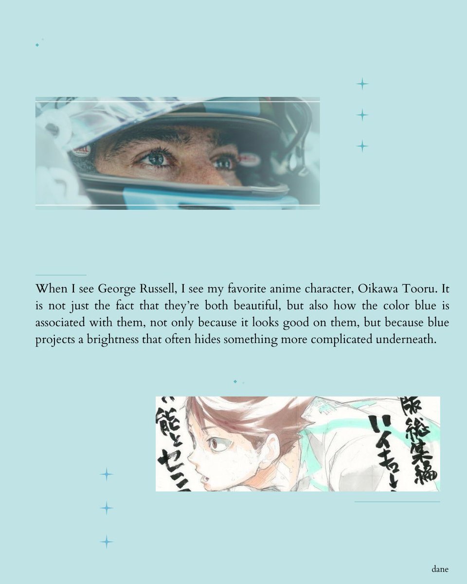 GR1NDRR's tweet photo. George Russell &amp; Oikawa Toru — in Blue.

My essay on how my favorite character also reminds me of my favorite driver. 🩵 https://t.co/E2HSLdP9GQ