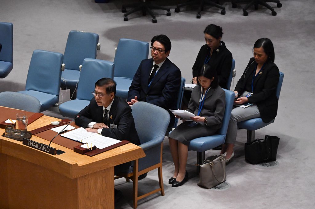 MFAThai's tweet photo. DPM/FM @SihasakPh attended the UNSC Open Debate on “Upholding the Purposes and Principles of the UN Charter and Strengthening the UN-Centered International System” at the @UN in New York, held under China’s Presidency of the UNSC for the month of May 2026. He underscored the importance of upholding the UN-centered international system and put forward three key priorities: fostering collective responsibility among Member States, advancing UN reform, and promoting regionalism and mini-lateral coop. that complements the United Nations system. (26 May 2026)