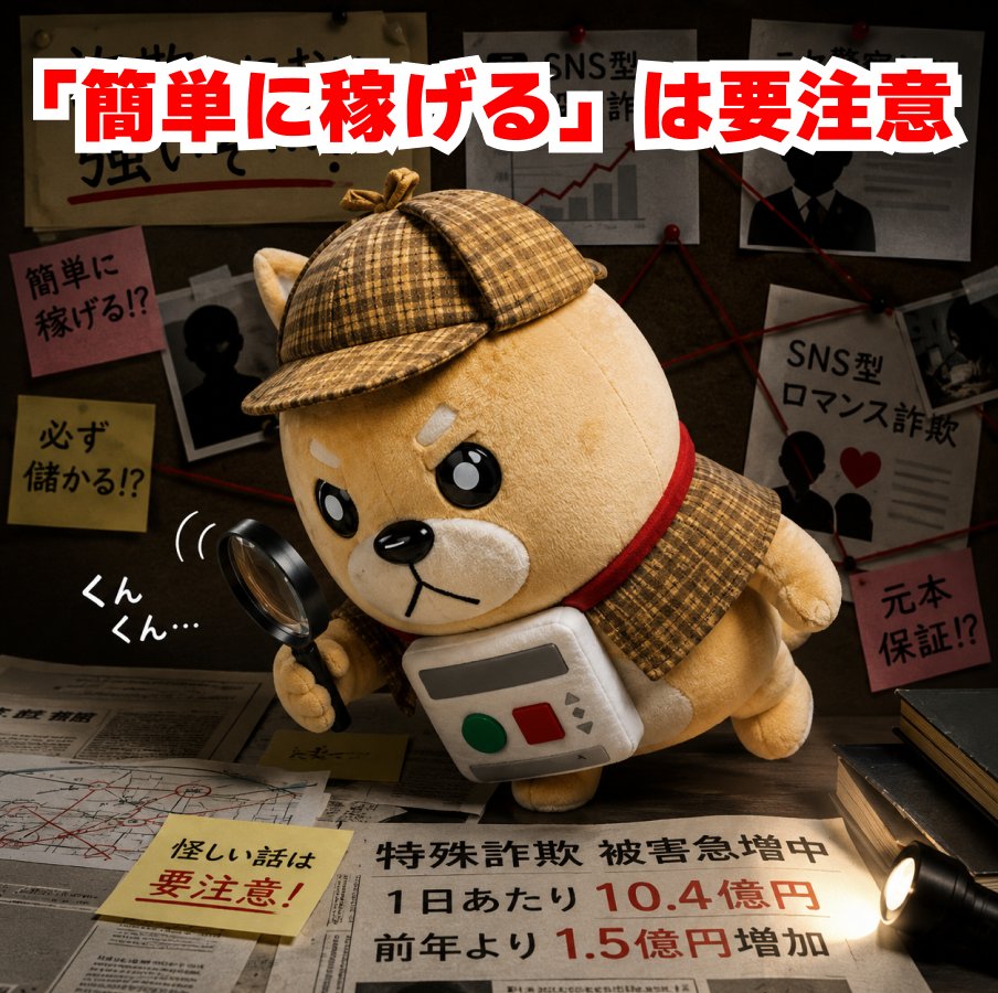 tobilasystems's tweet photo. 最近、詐欺のにおいが強いんだ🐶💨

警察庁によると、
特殊詐欺の被害額は
1日あたり10.4億円なんだって⚠️

特に多いのが、
📱SNS型投資詐欺

「簡単に稼げる」
そんな言葉には要注意だよ🐶🚨 https://t.co/fk49MQfRvP