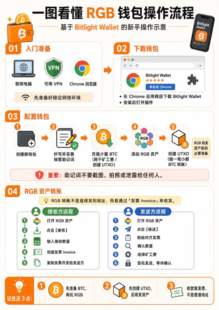 RGBNotesX's tweet photo. 一图看懂 RGB 钱包基础操作流程。
基于 Bitlight Wallet，整理了从准备环境、下载钱包、配置钱包，到 RGB 资产收发的基本步骤。
适合刚接触 RGB 的朋友参考。
需要注意：
先准备少量 BTC

先创建 UTXO

RGB 收款依赖 invoice，不是普通地址 https://t.co/vhcHhRGLif