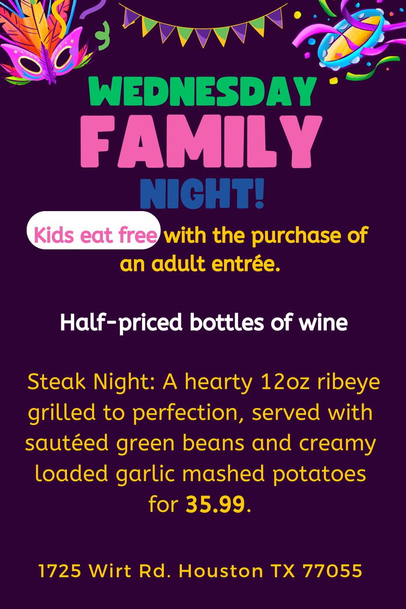 ragincajunhou's tweet photo. Family Night in Spring Branch. 
#kidseatfree #steaknight #halfpricebottlesofwine #winedownwednesday #wednesday #mom #mother #winewednesday #dinner #springbranchhouston #springbranch #family #dad #crawfish https://t.co/J5pUleeqr2