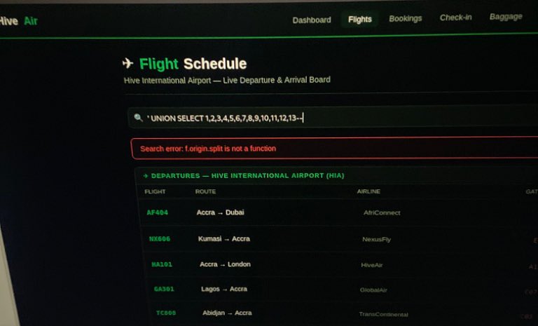 temitopeadam9's tweet photo. 💥 From a backend crash to a successful injection!
Testing a local OSCP-style CTF lab tonight. Dropped a standard UNION payload into a flight search feature, which triggered a Node.js .split() data-type error on the backend. @RedHatPentester @OluwasolaA33289 @Studio3HQ https://t.co/tlvuBmO7Is