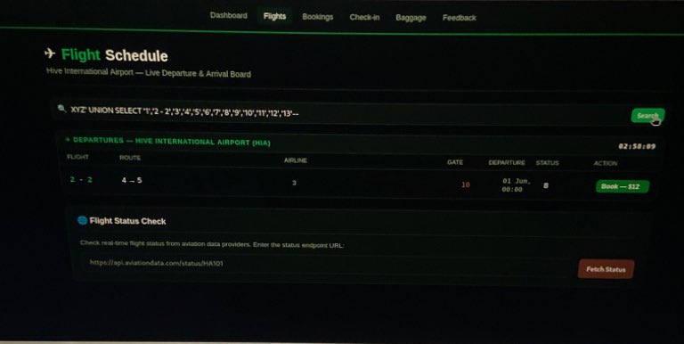 temitopeadam9's tweet photo. 💥 From a backend crash to a successful injection!
Testing a local OSCP-style CTF lab tonight. Dropped a standard UNION payload into a flight search feature, which triggered a Node.js .split() data-type error on the backend. @RedHatPentester @OluwasolaA33289 @Studio3HQ https://t.co/tlvuBmO7Is