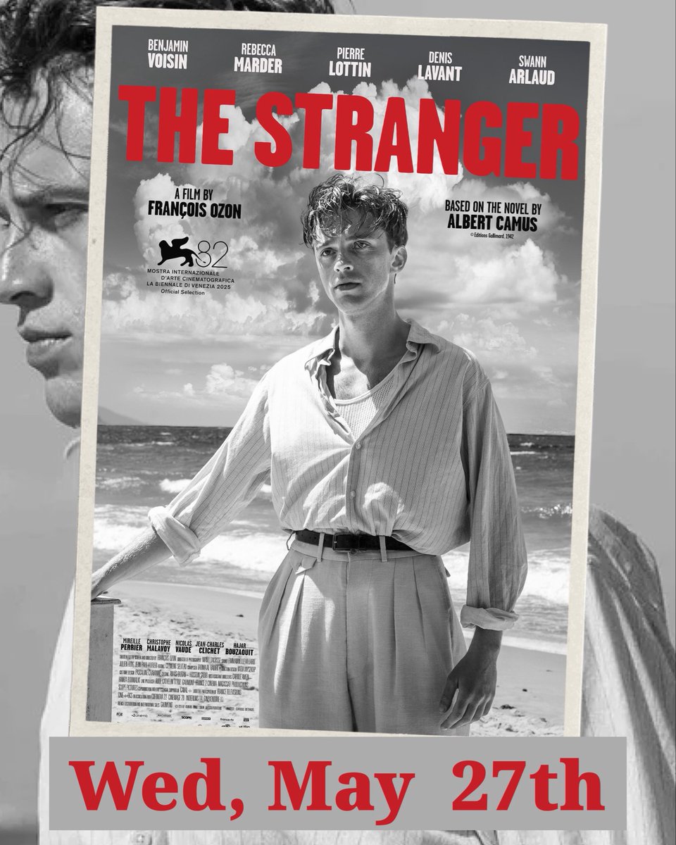 narocinema's tweet photo. The Stranger
Wednesday, May 27 at 7pm

François Ozon takes on Albert Camus’s classic existential novel in this new adaptation set in French Algeria.

In French with English subtitles.

🎟️ https://t.co/8nhn0v66ha https://t.co/pRHAMwMwUj
