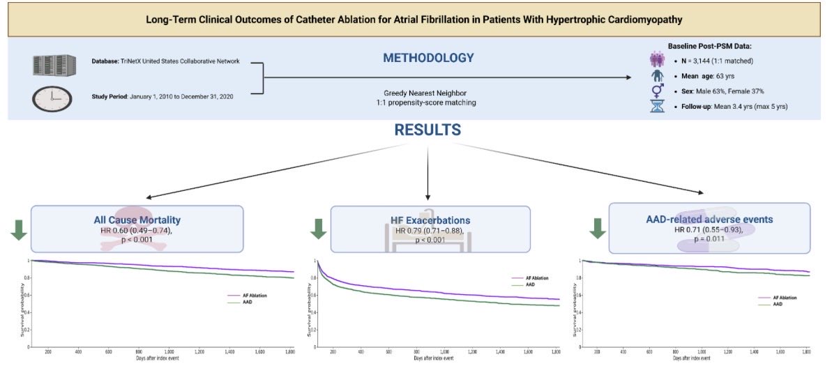 SidAgarwalMBBS's tweet photo. New in @JCardioEP 
In a large real-world cohort of patients with HCM and AF, catheter ablation was associated with fewer HF exacerbations and reduced AAD-related adverse events compared with medical therapy along with lower all-cause mortality.
@abhishek_mbbs @DrDeese99 https://t.co/ntyxdKrbnd