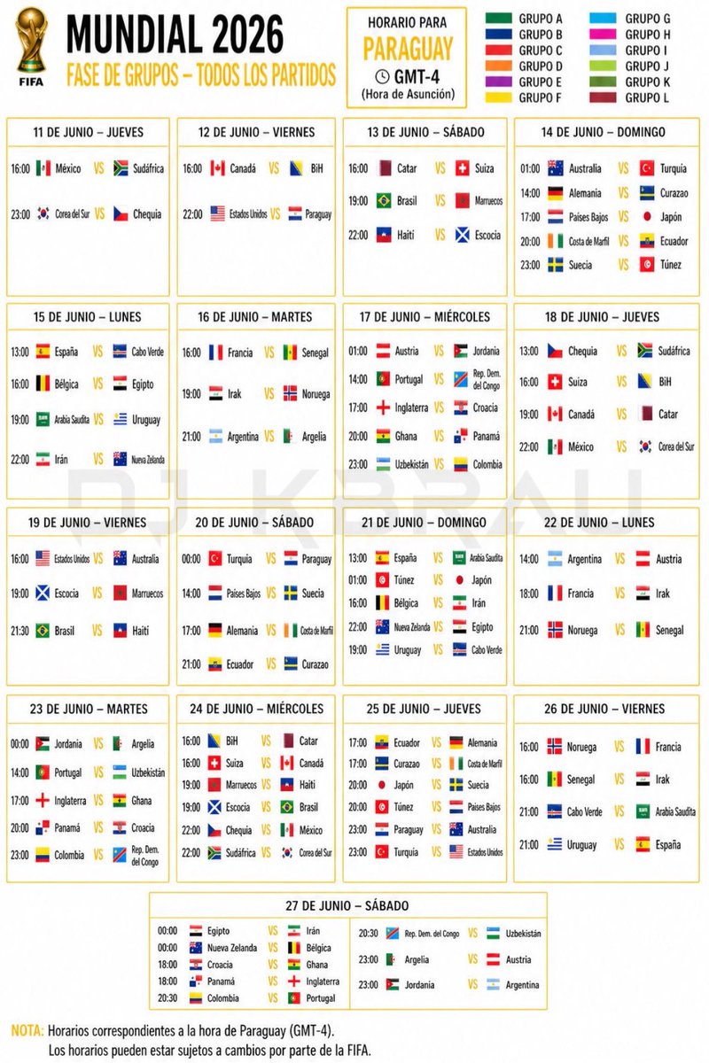 Djkbrau's tweet photo. Un aporte para todos. Aquí todos los partidos del mundial, por fecha, y con horarios para Paraguay. Espero que les sirva #mundialdefútbol #mundial #albirroja #futbol #fifaworldcup https://t.co/0n0CfSA5zj