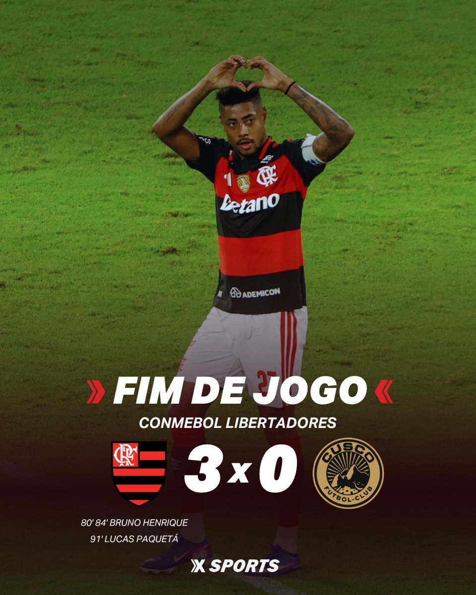 xsportsbrasil's tweet photo. VITÓRIA RUBRO-NEGRA! 🔴⚫

O Flamengo teve dificuldades para marcar, mas depois dos 80 minutos balançou as redes três vezes. Bruno Henrique marcou dois e Paquetá fechou a conta de pênalti.

📸 @eumarcim_

Acerte na Xsports!

#Xsport #Flamengo #Cusco #Libertadores https://t.co/IzrHMTWzwV