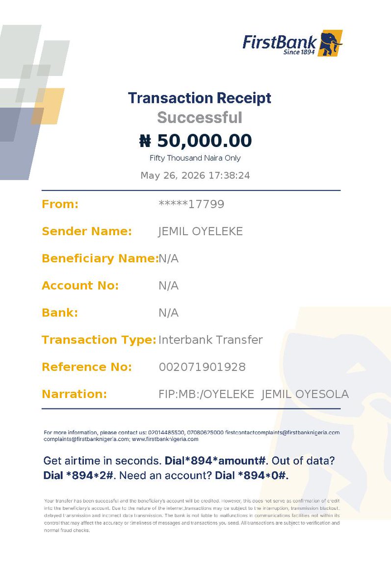 Oyejemil's tweet photo. @FBN_help and @FirstBankngr I did a transfer of N50,000 from @FirstBankngr to @gtbank_help and @gtbank. I have not received the credit in @gtbank. Please help me reverse my transaction. https://t.co/TgP34k32qH