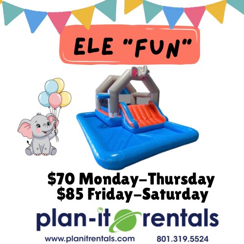 PlanitRentals's tweet photo. 🎉🐘 Turn your party into an unforgettable adventure with the Ele-Fun Bounce House! 🐘🎉

Reserve online @ https://t.co/AVJKTqfos0 or call (801)-319-5524

Bring big smiles, endless laughter, and nonstop excitement!
  #rent #post #Utah #familyfun #playtime https://t.co/uXWv6AnLA2