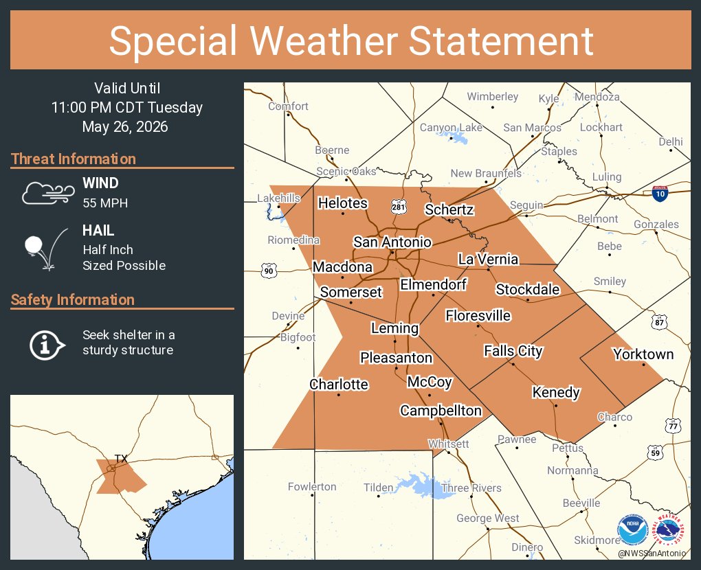 A special weather statement has been issued for San Antonio TX, Schertz ...