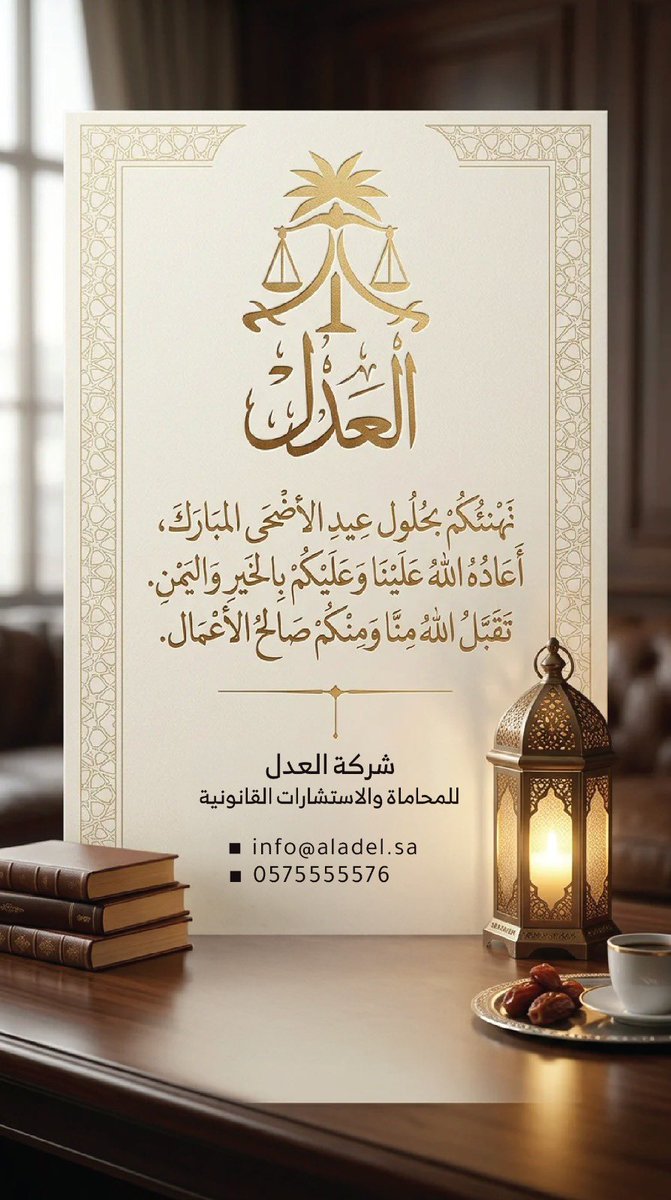AladelLaw's tweet photo. تتقدم #شركة_العدل_للمحاماة بأسمى آيات التهاني والتبريكات إلى مقام مولاي #خادم_الحرمين_الشريفين، وإلى سيدي #سمو_ولي_العهد ـ حفظهما الله ـ وإلى الشعب السعودي الكريم، والأمتين العربية والإسلامية، بمناسبة #عيد_الأضحى_المبارك 

ونسأل الله أن يحفظ حجّاج بيته الحرام، وأن يتمّ لهم مناسكهم بالأمن والأمان والسكينة والقبول، وأن يتقبّل من الجميع صالح الأعمال، ويعيد هذه المناسبة المباركة على وطننا وقيادتنا والأمة الإسلامية بالخير واليُمن والبركات.
