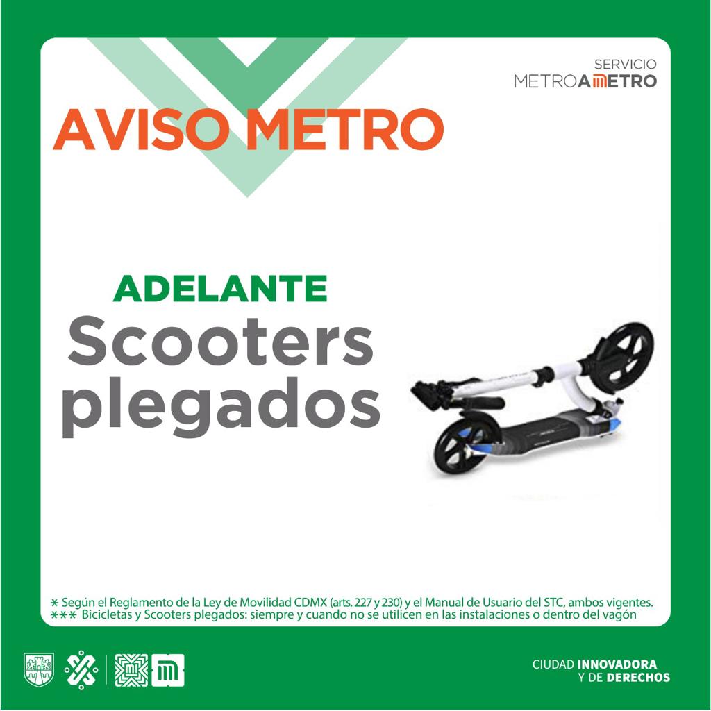 MetroCDMX's tweet photo. @AvilaA14908776 Buena noche. Puedes ingresar con tu scooter debidamente plegado durante tu traslado por las instalaciones. https://t.co/r633xYJQYj
