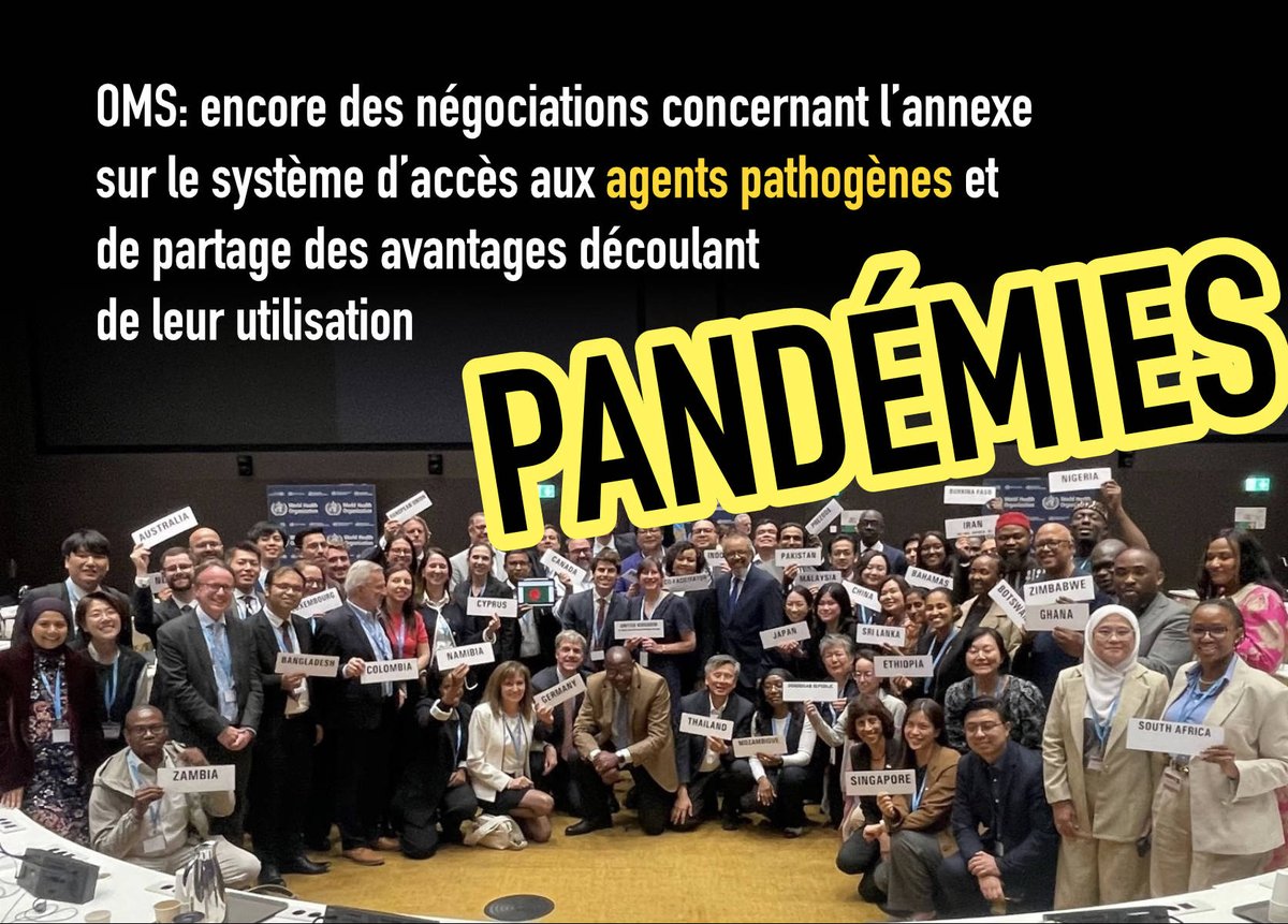 logixca's tweet photo. Les États membres de l’OMS --dont le Canada-- doivent reprendre les négociations sur l’annexe PABS de l’Accord sur les pandémies à la 7e réunion du groupe de travail intergouvernemental, du 6 au 17 juillet 2026.

L’objectif des négociations sur l’annexe PABS est de créer un système international qui permette de partager rapidement les agents pathogènes à potentiel pandémique et de répartir de façon juste et équitable les avantages qui en découlent, comme les vaccins, les tests diagnostics et les traitements.

https://t.co/pgYVWNVBIb

En gros, les États Membres de l’OMS conviennent de prolonger les négociations sur une annexe clé à l’Accord sur les pandémies.

https://t.co/zwShnFj51b

https://t.co/gIW7y4NiWL

Les OMSistes préparent, dans des officines aux transparences toutes relatives, une réponse mondiale plus rapide, plus coordonnée et plus équitable devant avoir cours lors d’une future crise sanitaire -- parce que l'idée, c'est d'en manufacturer autant que nécessaires, jusqu'à ce que celles-ci soient "normalisées" auprès du public.

L'odieuse multilatéralité qui mine les nations.

Le même racket mondialiste que dans les autres sphères de gouvernances mais dans le cas de l'OMS, appliqué au contrôle mondialogène sur le thème fabuleusement dévoyé de la "santé".

Un autre cirque de technocrates qui vont aller miner nos souverainetés en les soumettant aux caprices de cercles de non-élus. Rien de nouveau mais ça demeure purement abject et donc, à mon sens, nécessaire de le dénoncer.

Concrètement, via ces "négociations", le Canada transfert une partie de son pouvoir réglementaire hors du pays. Et qu'on se le dise, les ententes internationales sont réputées pour leurs opacités... intentionnelles.

Ce qui est en jeu, c'est notre souveraineté sanitaire et notre capacité à négocier et gérer nos propres priorités, au Canada, au bénéfice-premier des Canadiens.

Des Canadiens qui, d'ailleurs, se retrouvent de plus en plus éloignés des gouvernances où se prennent des décisions qui ont des impacts énormes dans nos vies.

Comment se fait-il que le Canada ne soit pas capable de mener ses propres politiques en santé sans devoir continuellement aller baiser la proverbiale bague des étrangers, à Genève?

-- --

Archive: https://t.co/B0VJn22hY1

-- --