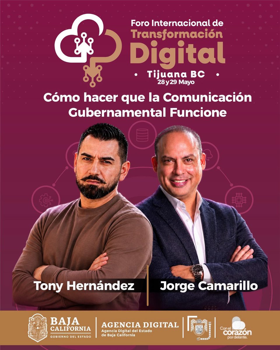 Jorge_Camarillo's tweet photo. Este 28 y 29 de mayo en Tijuana, nos vemos en el panel:

“Cómo hacer que la Comunicación Gubernamental Funcione”.

Acompáñanos junto a:
✨ Jorge Camarillo Govea, socio y director de Business Thinking, consultor y estratega de marketing político digital, cuya agencia es reconocida como una de las mejores de Iberoamérica con 25 premios Reed Latino.

✨ Tony Hernández, mercadólogo, estratega digital y socio-fundador de Xipal Marketing, especialista en inteligencia artificial, automatización y desarrollo de soluciones tecnológicas aplicadas al sector público y privado.

📍 FITD 2026 | Tijuana, B.C.
📅 28 y 29 de mayo
🎟️ Registro GRATUITO:
https://t.co/l5gMi2LZ18
ℹ️ Más información:
https://t.co/4nSV9Uemyy
📲 WhatsApp:
686 900 9091

🔥 Sé parte del evento que reunirá tecnología, innovación, transformación digital y networking en un solo lugar.
#FITD2026 #TransformaciónDigital #ComunicaciónDigital #Innovación #GobiernoDigital #MarketingPolítico #Tecnología #BCDigital #EmpatíaDigital #BusinessThinking Como Marca el Manual.