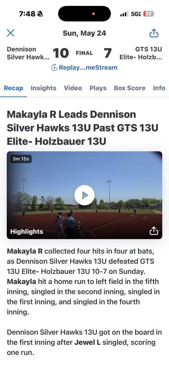 MakaylaRaap2030's tweet photo. This weekend my team placed 1st in the PGF Memorial Day classic! So proud of my team for battling through this tough competition! I hit a .867 AVG, 2.495 OPS, 13 H, 10 RBI, and 2 💣🥎! https://t.co/XuKxliaB29