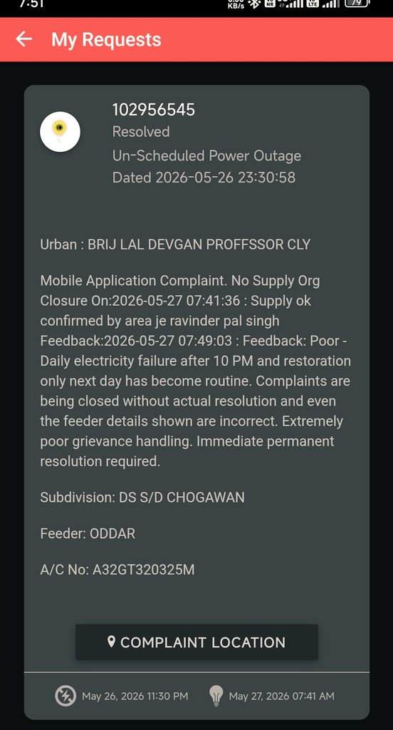 wealytics's tweet photo. @PSPCLPb Daily electricity failure after 10 PM and restoration only next day has become routine. Complaints are being closed without actual resolution and even the feeder details shown are incorrect. Extremely poor grievance handling. Immediate permanent resolution required. https://t.co/KgTFpG6vuw
