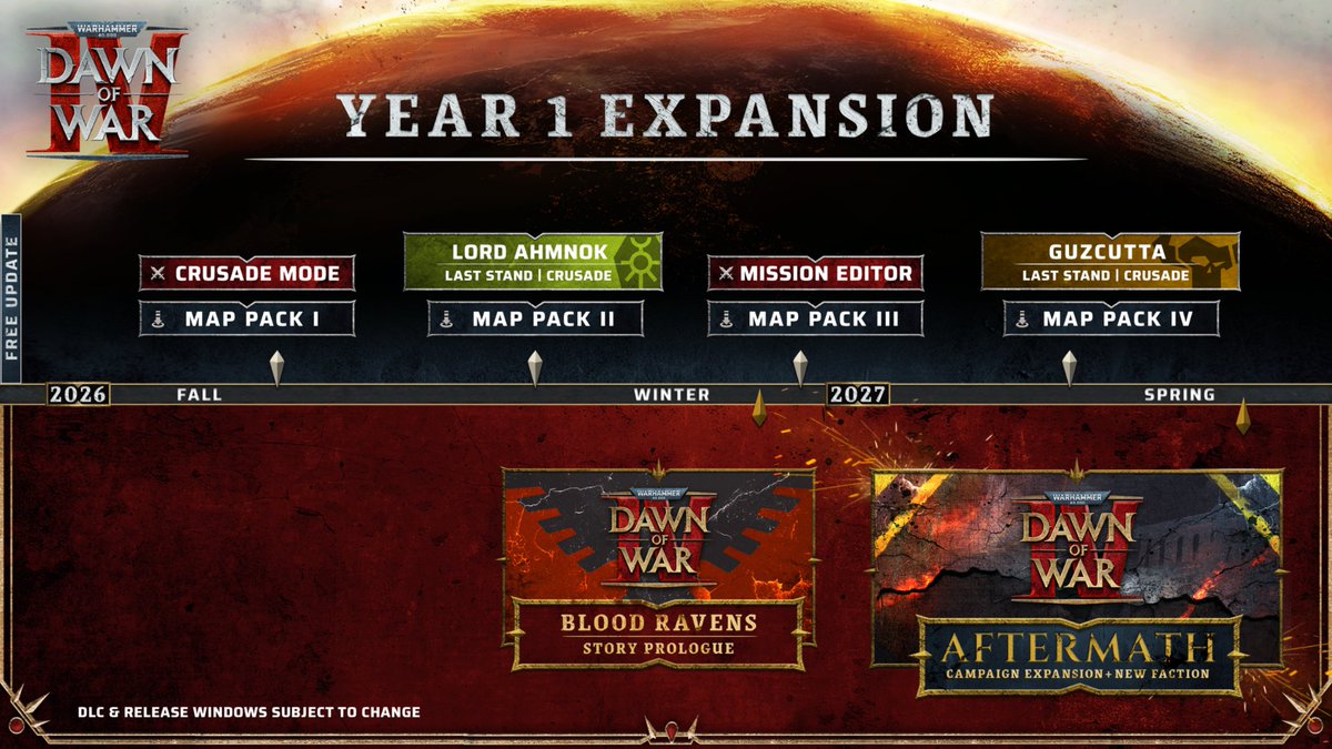 PlayDoW4's tweet photo. Here's your first look at our Year One Roadmap for Dawn of War IV!

What are you most looking forward to?

https://t.co/pJ07CuyjGn https://t.co/LjS6r1ptbO