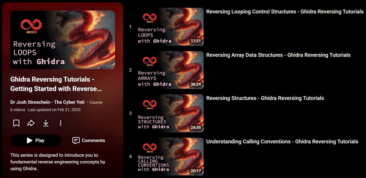 0xfrost's tweet photo. 📌 Ghidra Reversing Tutorials - Getting Started with Reverse Engineering Playlist

🔗:  https://t.co/O4HAS4ENpc

Credit: Dr Josh Stroschein - The Cyber Yeti

Channel Link🔗: https://t.co/m5k7cbThWQ

#Ghidra #InfoSec https://t.co/HU4PKF1Y2t