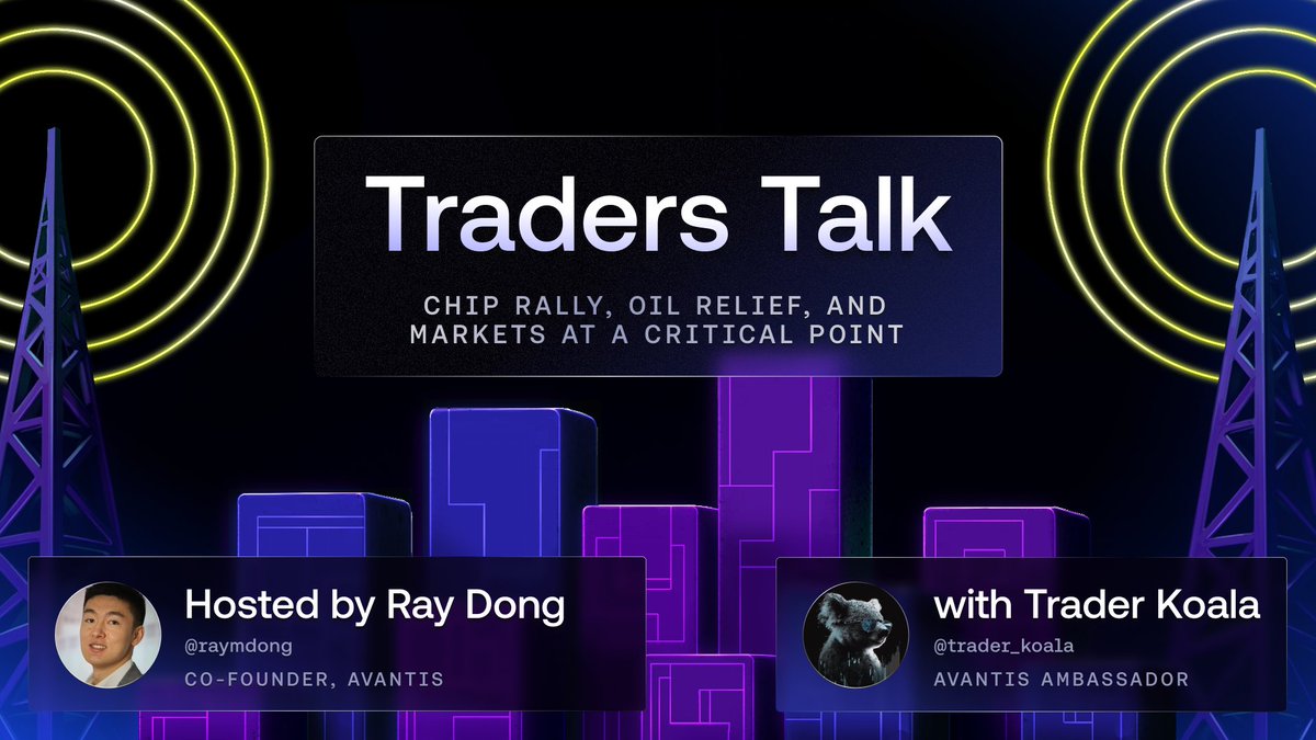 avantisfi's tweet photo. 📣 Chip stocks are ripping, AI momentum seems in control, and oil is cooling as traders reassess geopolitical risk.

Now @trader_koala thinks we’re at a critical point in the market.

Tune in tomorrow at 12:30pm ET for Traders Talk as we unpack what this shift means across assets.
