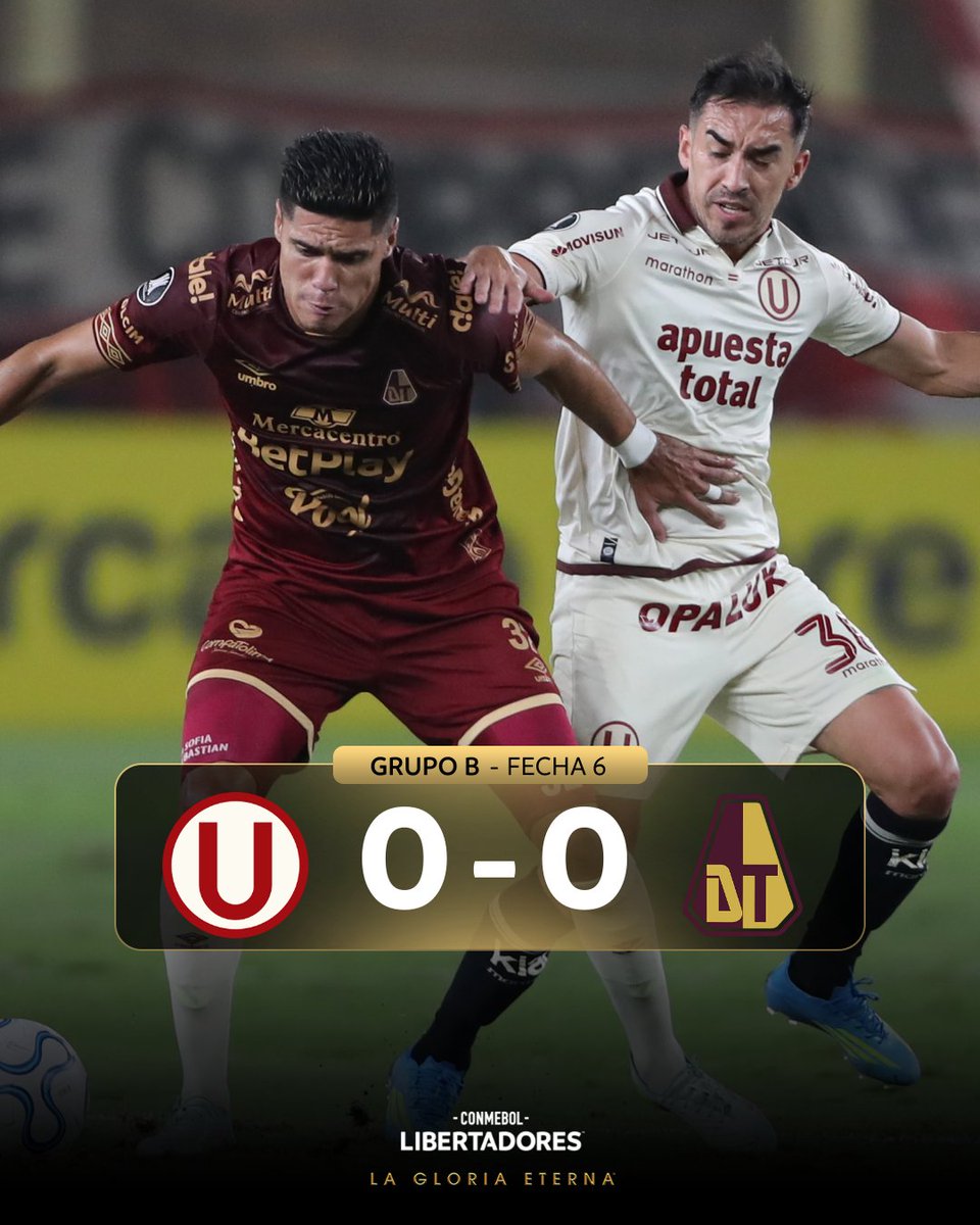 bryamrincon's tweet photo. El empate sin goles ante Tolima deja a Universitario en la última posición del grupo B y es eliminado de la Copa Libertadores 2026. Los cremas no fueron capaces de poner en aprietos a los colombianos en Lima. A la U sólo le queda el torneo local y va en busca del tetracampeonato. https://t.co/X7bPhudrUU