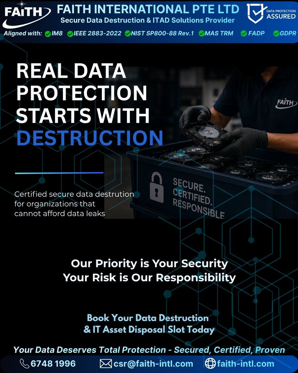 FAITH_Intl_'s tweet photo. Real Data Protection Starts With Destruction.
Deleting files is not enough. Without proper destruction, sensitive data can still be recovered and exposed. https://t.co/EcXi1qhVtk