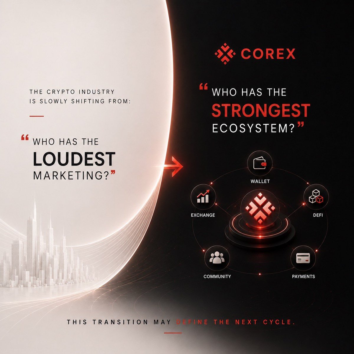 CORXProtocol's tweet photo. The crypto industry is slowly shifting from:
 “Who has the loudest marketing?”
 to
 “Who has the strongest ecosystem?”
This transition may define the next cycle. https://t.co/strMOQkhZ8