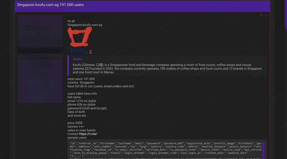 DailyDarkWeb's tweet photo. 🇸🇬 A threat actor is claiming the sale of an alleged database tied to Koufu, one of Singapore’s largest food and beverage operators.

The exposed dataset reportedly includes:

191,000 user records
Customer names
Email addresses
Phone numbers
Dates of birth
Password hashes (MD5 and bcrypt)
Employee and order-related information

Even when passwords are hashed, weak or reused credentials can still create downstream account takeover risks, especially when combined with email and phone exposure. Threat actors frequently leverage this type of data for credential stuffing, phishing, loyalty fraud, and targeted social engineering campaigns.

Organizations in the retail and food service sectors continue to face elevated risks due to large customer-facing infrastructures, third-party integrations, and high-volume transactional systems.

#DDW #Intelligence #DarkWeb #Koufu