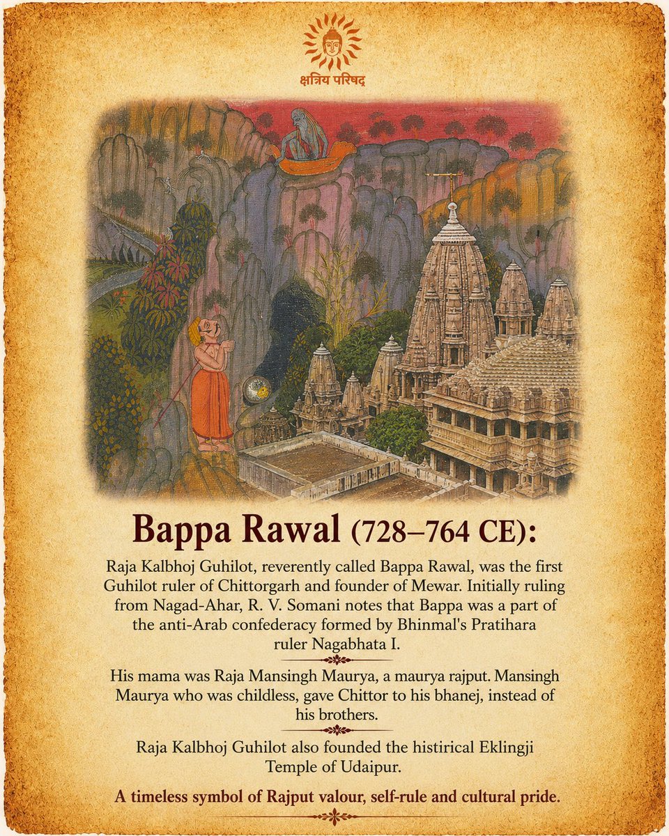 kshatriya_org's tweet photo. We pay our tributes to Bappa Rawal on his jayanti.

Bappa Rawal, whose real name was Kalbhoj Guhilot, was a great general in the army of Nagbhatt I. Being bhanej of Raja Mansingh Maurya of Chittor, he succeeded him when Maan Maurya died childless. https://t.co/QWaLDaJcsI