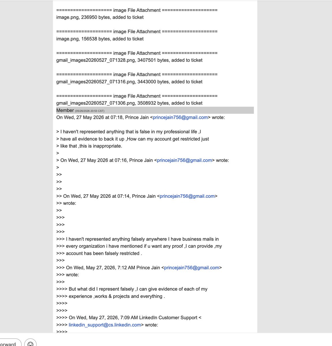 Quantitit's tweet photo. This is what @LinkedInHelp @LinkedIn
told me after I already submitted all my professional proof by email to their associate consultant. Instead of giving a proper human review, they gave me the same closed-loop response saying my account will remain restricted and that social support can’t assist further. Basically, LinkedIn support asks users to DM publicly to look active then gives the same generic reply and asks to communicate in email , but the issue goes nowhere, the appeal gets rejected without proper explanation, and genuine professionals are left unable to share their own profile with clients. This is unfair, frustrating, and damaging to my work. I need a real escalation, not copy-paste replies.   As u can see i have already shared all my identity and experience records with them already still they have rejected my claim ,Imagine if someone by mistake isn't able to provide it , no point of imagining as we will be in same state anyways regardless or evidence being present or not . #LinkedInHelp #LinkedInSupport #LinkedInRestricted #FalseRestriction #AccountRestriction #LinkedInAppeal #CustomerSupportFail #PlatformAccountability #DigitalRights #LinkedInIndia #TechSupportFail #ProfessionalNetwork #AccountRecovery #SocialMediaSupport #noaccountability
