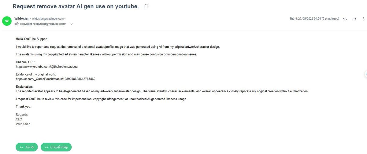 WA_VTuber's tweet photo. @SyrinWA In addition, the company will be reaching out to Google and YouTube representatives to address the removal of all AI-generated content involving our talent from social media platforms. https://t.co/2UGCuLA0mE
