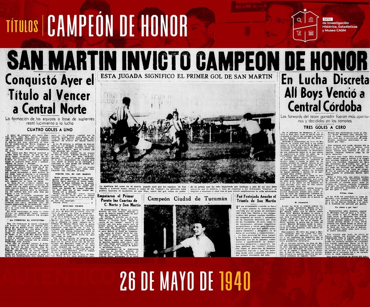 DIHECASM's tweet photo. #Títulos 🏆

🔙Después de 18 años de no conseguir el certamen de #Honor. Un día como hoy pero del año 1940 #SanMartínTuc🇦🇹 cortaría aquella sequía sin conseguir este Torneo Federacionista.

📈Un campeonato ganado de punta a punta, #Invicto y con 1 Fecha de anticipación.

➡️En la #Última fecha vs Central Norte SanMartínTuc formó con: Guerrero; Menor y Vera; Figueroa González y Almirón; Amilaga, Arias, López, Díaz y Lazarte. DT: R. Santillán.

Dándole descanso a figuras como Bissi, Comán, Orrillos, Fernández, Von Zeilau...

📊 7PJ: 13Pts. - 6PG y 1PE.

🏆 7° TítuloOficial y 2do Torneo de Honor FTF.

*️⃣Sería el comienzo de los años dorados de la institución de Ciudadela.🇦🇹