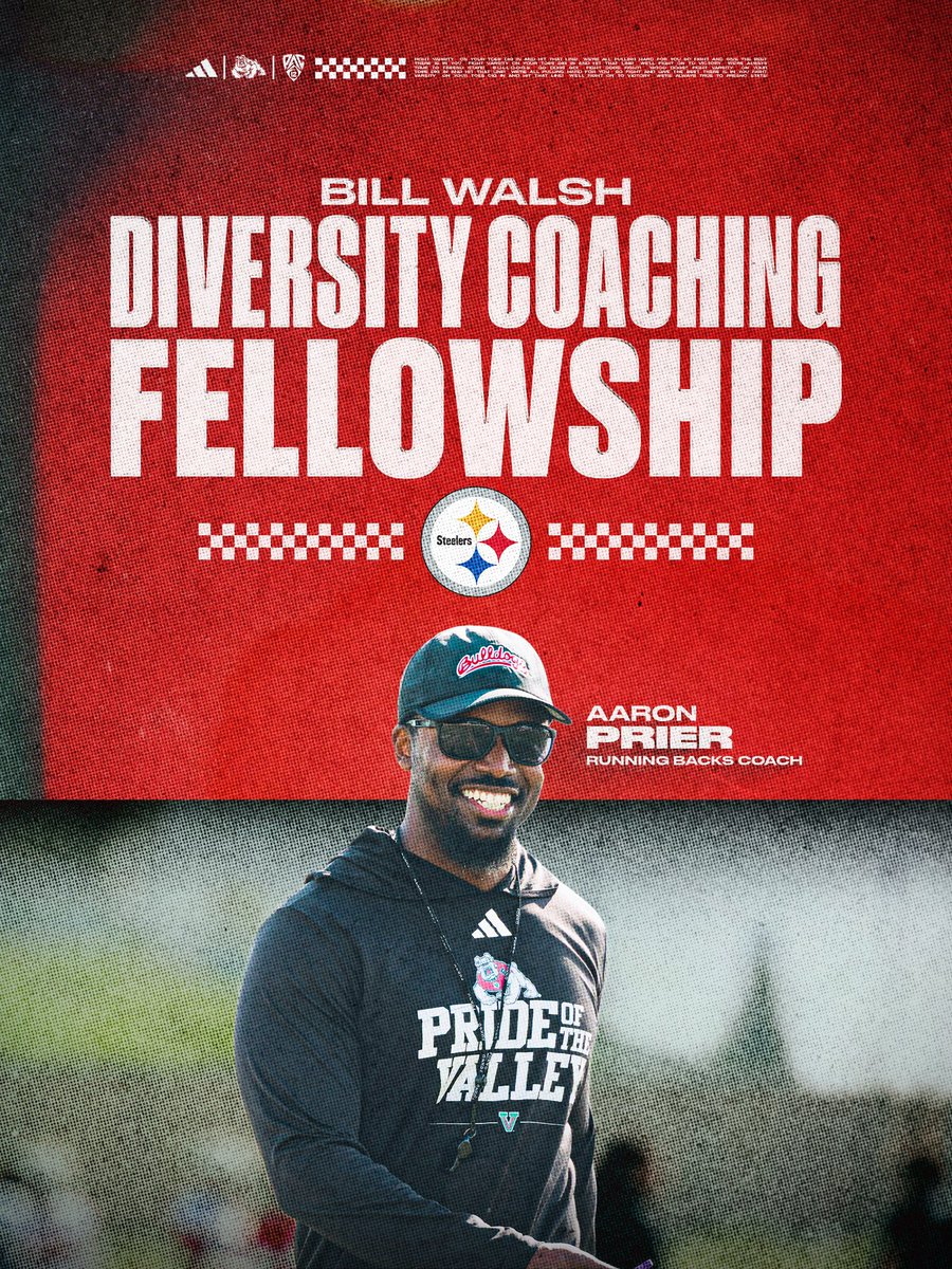 FresnoStateFB's tweet photo. Running backs coach Aaron Prier has been selected for the Bill Walsh Diversity Coaching Fellowship with the Pittsburgh Steelers‼️

Congratulations Coach ⛽️📈

@CoachPrier https://t.co/wseuJ6fCvu